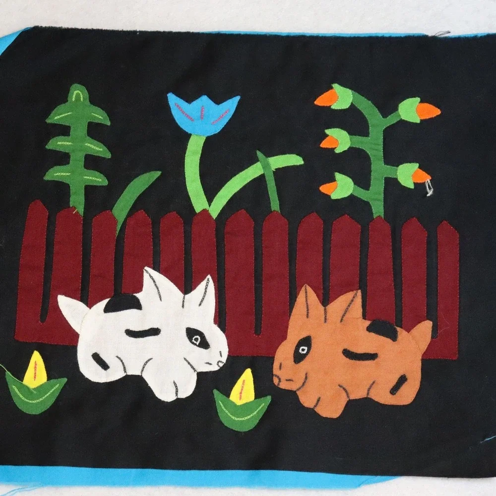 Vintage Kuna Mola Textile Panels OS Black Multi Folk Art Animal Rabbit Pair